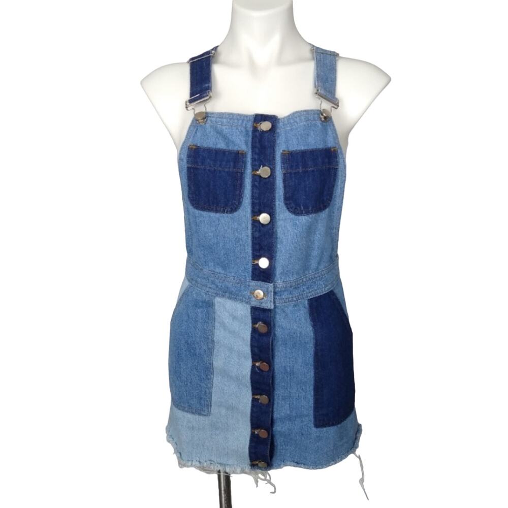 ASOS Denim Patchwork Mini Jumper Overall Dress Size 4